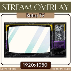 May include: A digital illustration of a retro TV with a black frame, yellow and purple accents, and two silver knobs. The words "STREAM OVERLAY" and "Retro TV" are displayed above the TV. The resolution is 1920x1080.