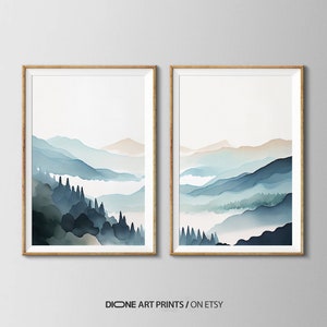 Impression d'art aquarelle vallée montagne 2 pièces, impression d'art mural aquarelle forêt, lot d'art aquarelle, art mural minimaliste, aquarelle abstraite