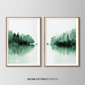 2Piece Panoramic Forest Lake Watercolor Wall Art,Misty Green Forest Lake Panorama Art,Wilderness Watercolor Lake Reflection,Navy Green Art