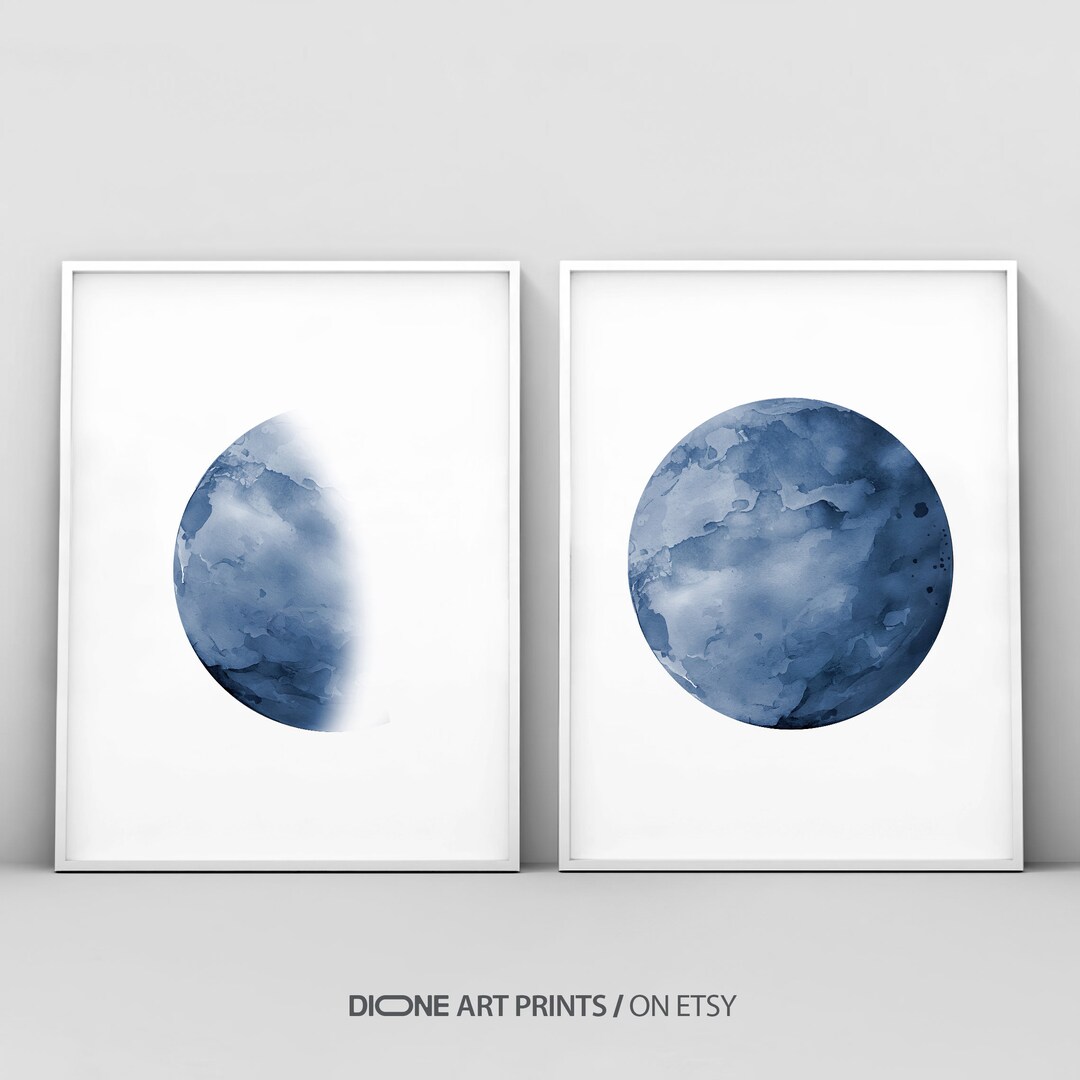 Moon Phase Print Set of 2 Watercolor Prints Celestial Bedroom Wall ...