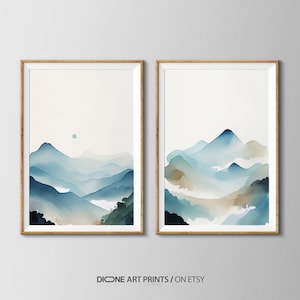 2 pièces Impression d'art aquarelle vallée de la montagne, impression d'art mural aquarelle montagne, ensemble d'art aquarelle, art mural minimaliste, montagne abstraite