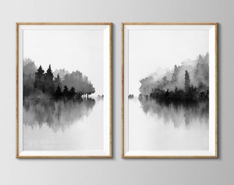 2 Piece Black White Mountains Printable, Set of 2 Wall Art, Landscape Photography, Minimalistic Wall Art, Fog Mountain Nature Poster Decor