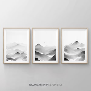 3Piece Black White Mountain Valley Watercolor Art Print,Black White Watercolor Wall Art Print,Black White Watercolor Art,Minimalistic Wall