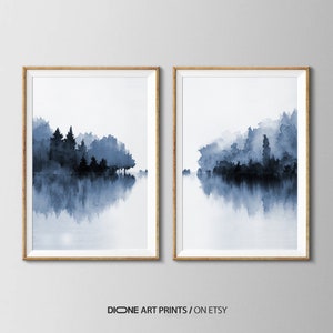 2Piece Panoramic Forest Lake Watercolor Wall Art,Misty Blue Forest Lake Panorama Art,Navy Blue Watercolor Lake Reflection,Navy Blue Wall Art