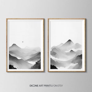 2Piece Black White Mountain Valley Watercolor Art Print,Black White Mountain Watercolor Wall Art Print,Black White Watercolor Art,Wall Art