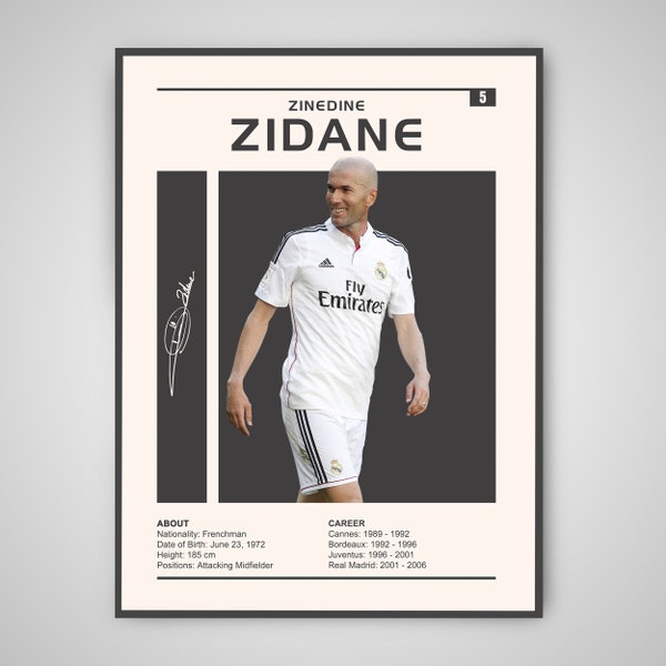 Zidane Poster | Zinedine Zidane Print, Sports Poster, Football Player Poster, Soccer Wall Art, Zinedine Zidane Real Madrid Poster