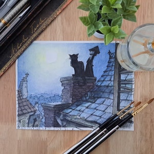 Stampa artistica dell'illustrazione "Gatto al chiaro di luna" | arte ispirata al cinema, giclée, decorazione casa, idea regalo, wall art