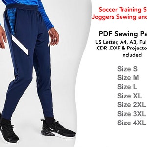 May include: A PDF sewing pattern for soccer training joggers. The pattern includes sizes S, M, L, XL, 2XL, 3XL, and 4XL. The pattern is available in US Letter, A4, A3, and full-size PDF formats. The pattern also includes .CDR, .DXF, and projector files.