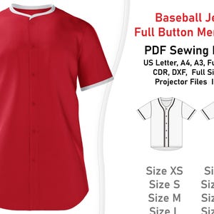 May include: A red baseball jersey with a white collar and cuffs. The jersey has a full button front and is shown in a mock-up image. The text "Baseball Jersey Full Button Men Sewing PDF Sewing Pattern US Letter, A4, A3, Fullsize PDF, CDR, DXF, Full Sizes Print Projector Files Included Size XS Size XL Size S Size XXL Size M Size 3XL Size L Size 4XL" is displayed below the image.