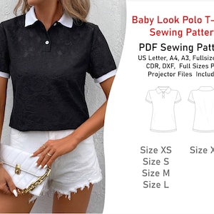 May include: A sewing pattern for a baby look polo t-shirt. The pattern includes sizes XS, S, M, L, and XL. The pattern is available in PDF format and includes US Letter, A4, and A3 sizes. The pattern also includes CDR and DXF files for full size printing and projector files.