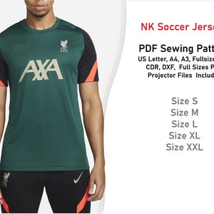 May include: Green soccer jersey with black sleeves and red accents. The jersey displays the text "AXA" and the "Liverpool FC" logo. The text "NK Soccer Jerseys" and "PDF Sewing Pattern" are also visible.