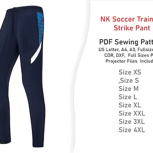 May include: A PDF sewing pattern for a navy blue soccer training strike pant. The pattern includes sizes XS, S, M, L, XL, XXL, 3XL, and 4XL. The pattern is available in US Letter, A4, and A3 sizes. The pattern also includes CDR and DXF files for full-size printing and projector files.