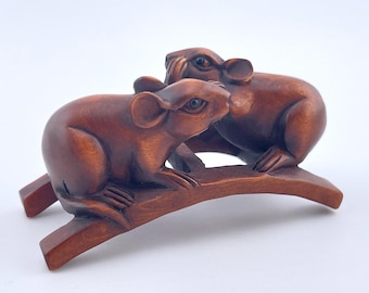 Netsuke Pair of Mice on Branch < Boxwood. Handmade. Vintage. Asia. Japanese Art >