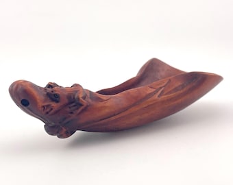 Netsuke Wooden Frog Spoon < Boxwood. Handmade. Vintage. Asia. Japanese Art >