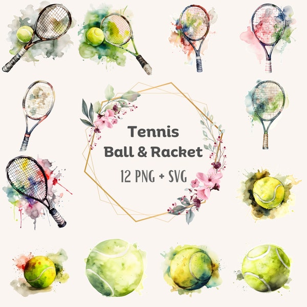 Watercolor Tennis Balls/Rackets Clipart , 300 dpi Transparent PNG & SVG, Sport Stickers, Ball Games Poster Sublimation, Commercial Use