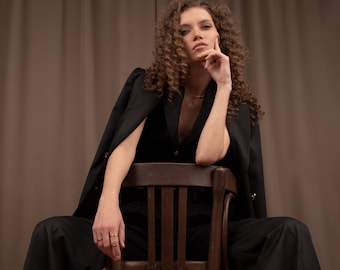 Women's Two Piece Power suit in Textured Black Oversized Blazer with Wide leg Trousers Formal Set with Gold Buttons 2 Piece Ladies Pant Suit