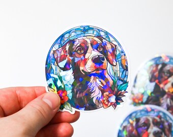 Pegatina holográfica vidriera perro | regalo kawaii pegatina para ordenador, portátil, libro, puerta, bicicleta, teléfono