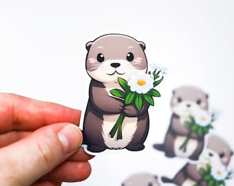 Otter sticker with flowers kawaii animal | gift kawaii sticker for computer, laptop, book, door, bike, phone