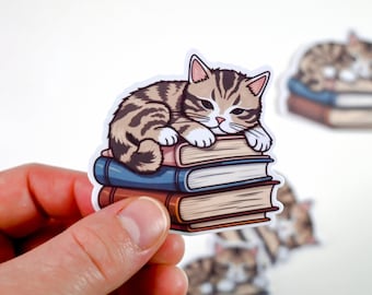 Cat sleeping on stack of books sticker