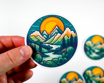 Mountain and river landscape at sunrise sticker