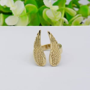 Puede incluir: Un anillo dorado con un diseño de dos alas de ángel.