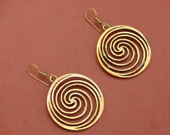 Brass Spiral Earrings: Geometric Tribal Jewelry,