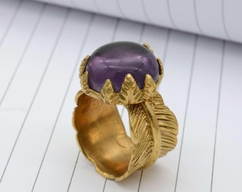 Handmade Brass Ring: Gold Amethyst Gemstone, Boho Minimalist Jewelry,