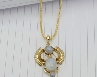Golden Scarab Necklace, Fire Moonstone Scarab Pendent, Beatle Jewelry, Egyptian Scarab, Kephri Pendant, Egyptian Revival Inlay,Gifts For Her