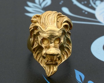 Gold Lion Head Ring: Brass Biker Ring, Zodiac Jewelry,