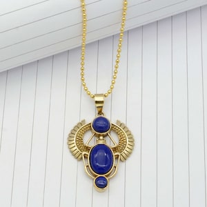 Lapis lazuli Scarab Necklace, Gold Vermeil Scarab Necklace, Blue Scarab, Egyptian Beetle Jewelry, Kephri /Inca/ Revival Inlay, Gifts For Her
