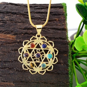 Gold Seven Chakra Necklace: Brass Sri Yantra Spiritual Pendant,