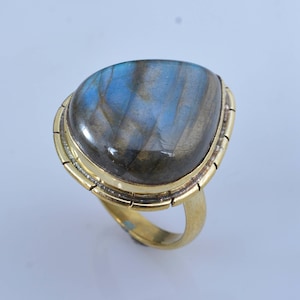 Dainty Pear Labradorite Brass Ring - Handmade Bohemian Jewelry,