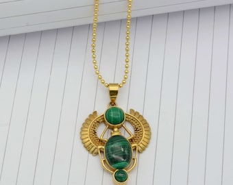 Malachite Scarab Pendent, Golden Scarab Necklace, Talisman jewellery, Third Eye Pendant, Egyptian Jewelry, Ancient Pendant, Ethnic Pendant,