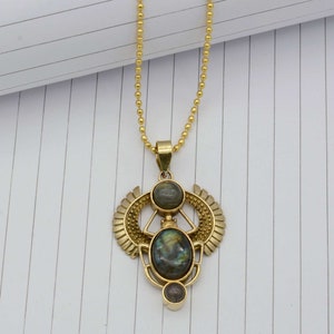 Labradorite Scarab Pendant: Golden Brass Egyptian Necklace,
