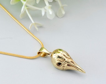 Gold Brass Raven Skull Pendant: Unisex Gothic Bird Necklace,