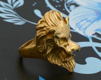 Gold Lion Head Ring: Brass Biker Ring, Zodiac Jewelry, - Etsy