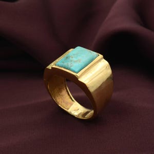 Gold Men's Ring: Square Turquoise Gemstone, Handmade Brass Ring