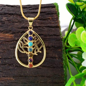 Tree of Life 7 Chakra&#39;s Gemstone Necklace, Tree of Life Chakra Pendant, Crystal Tree of Life Pendant, Brass Gold Fill Tree of Life Pendant,