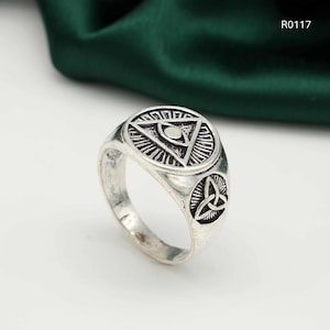 Eye of Providence Signet Ring: Handmade Silver Plated Boho Mens Ring,