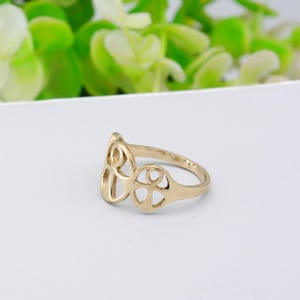 May include: A gold-colored ring with an openwork design. The ring features a stylized floral or geometric pattern. The ring is set against a white background with blurred green foliage in the background.
