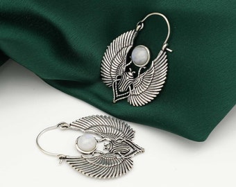 Silver Moonstone Scarab Earrings: Handmade Brass Egyptian Talisman Jewelry,