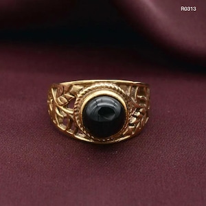 Black Onyx Gold Ring: Bohemian Vintage Style, 925 Sterling Silver