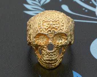 Gold Memento Mori Schädel Ring: Messing Boho Herrenring,