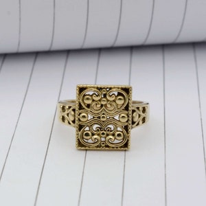 Gold Brass Square Mandala Signet Ring: Artisan Boho Statement Ring,