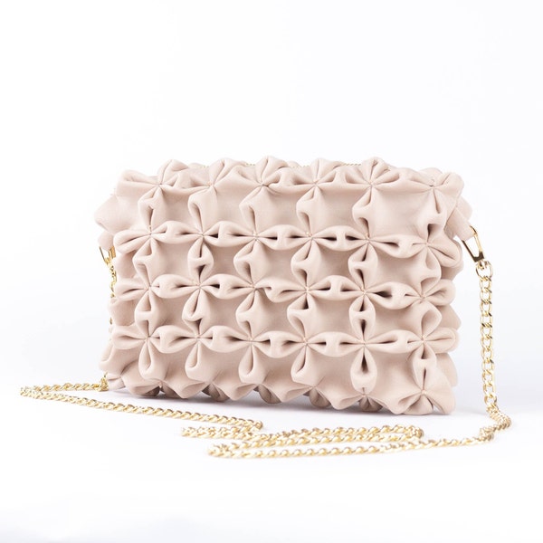 Small blush pink women's bag, elegant fabric evening clutch with zipper, for wedding or cocktail, Made in France