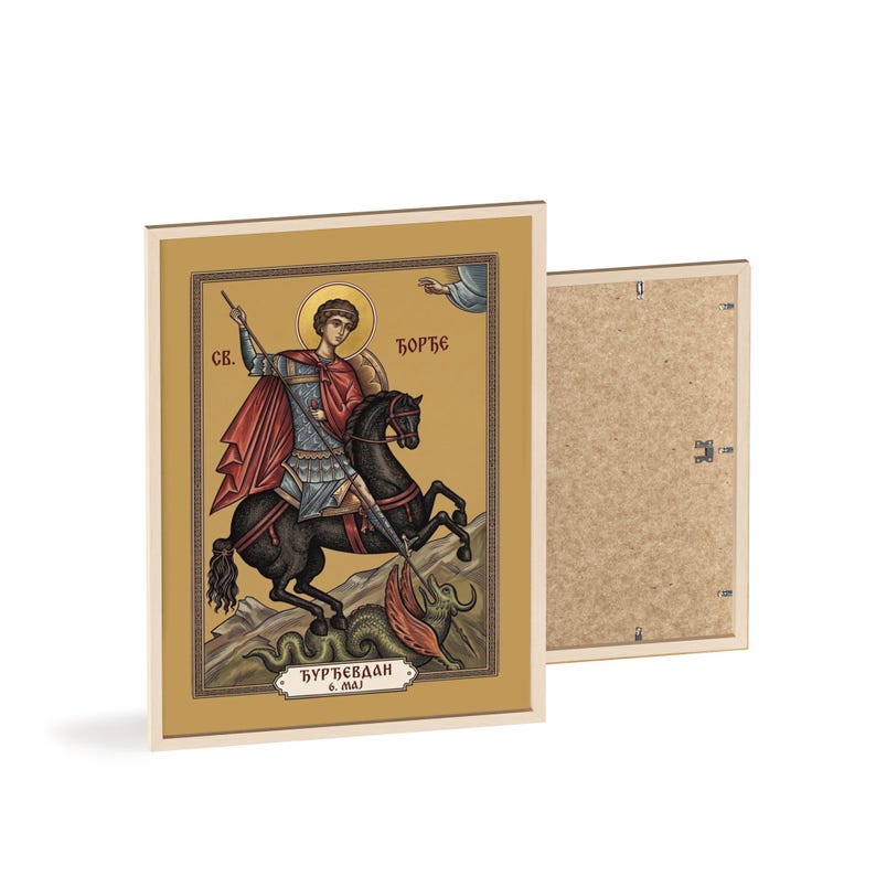 Ícone ortodoxo de São Veti Đorđe emoldurado, moldura de madeira natural, arte de parede do santo sérvio, pronto para pendurar. imagem 2