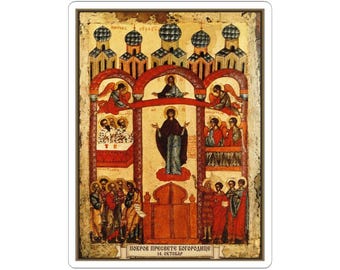 Pokrov Presvete Bogorodice Adesivo icona a colori, Protezione della Theotokos, Icona ortodossa serba, Pravoslavna Nalepnica, Vinile fustellato
