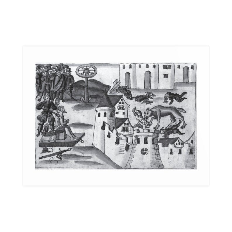 Werewolf Attack, broadsheet from the Wickiana (Geneva, 1580), circa 15 — Antique circa 1587 Print, Museum-Grade Matte Poster, Vintage Engrav image 1