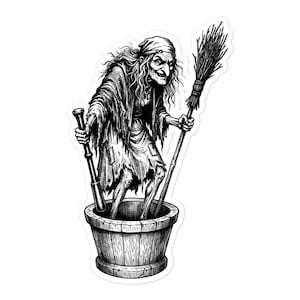 Baba Yaga Sticker, Slavic Witch in Her Mortar, Folklore Crone Art, Dark Academia, Gothic Witchy Vinyl Sticker