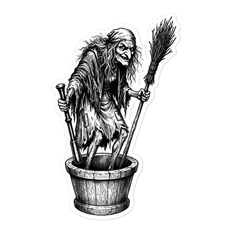 Baba Yaga Sticker, Slavic Witch in Her Mortar, Folklore Crone Art, Dark Academia, Gothic Witchy Vinyl Sticker